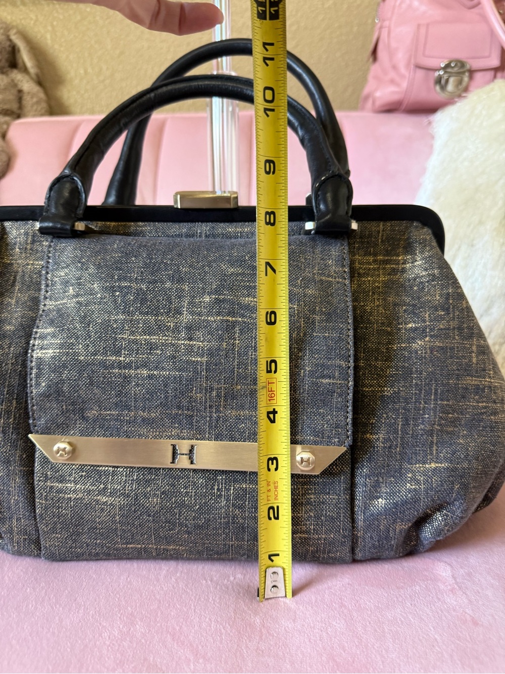 Halston Heritage Brushed Denim/Gold Doctors Bag w Leather Trim & Gold Hardware - Picture 6 of 16